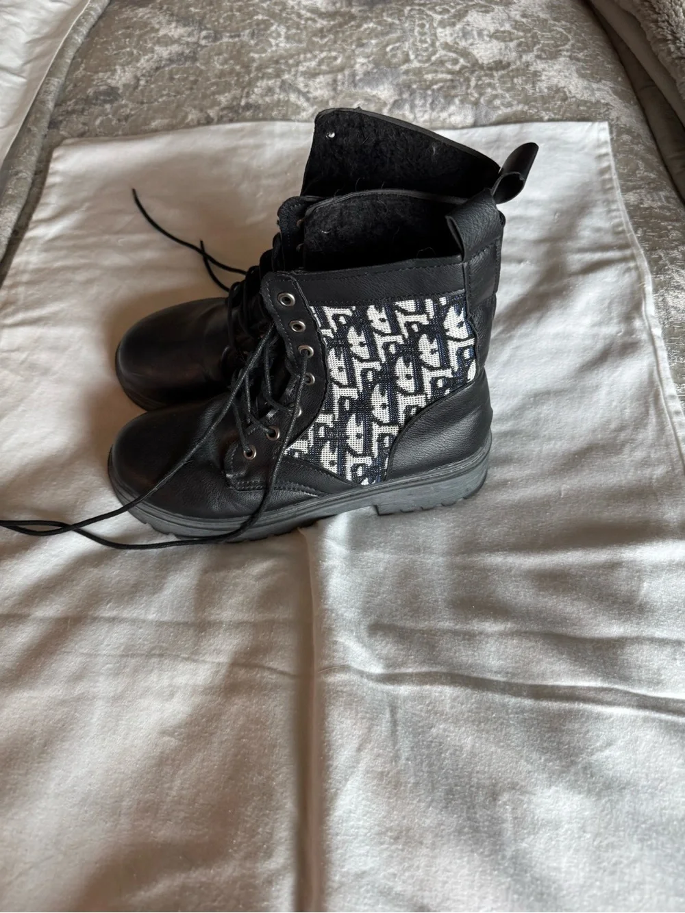 Dior Black and White Lace-Up Combat Booties